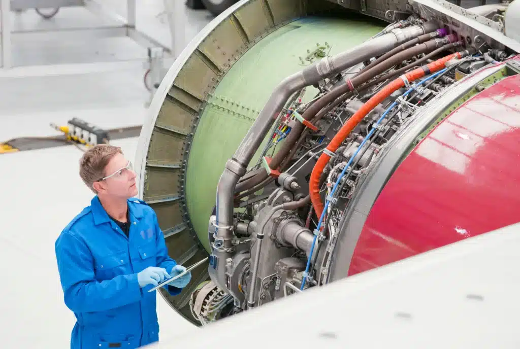 man in blue jacket standing beside gray and blue industrial machine